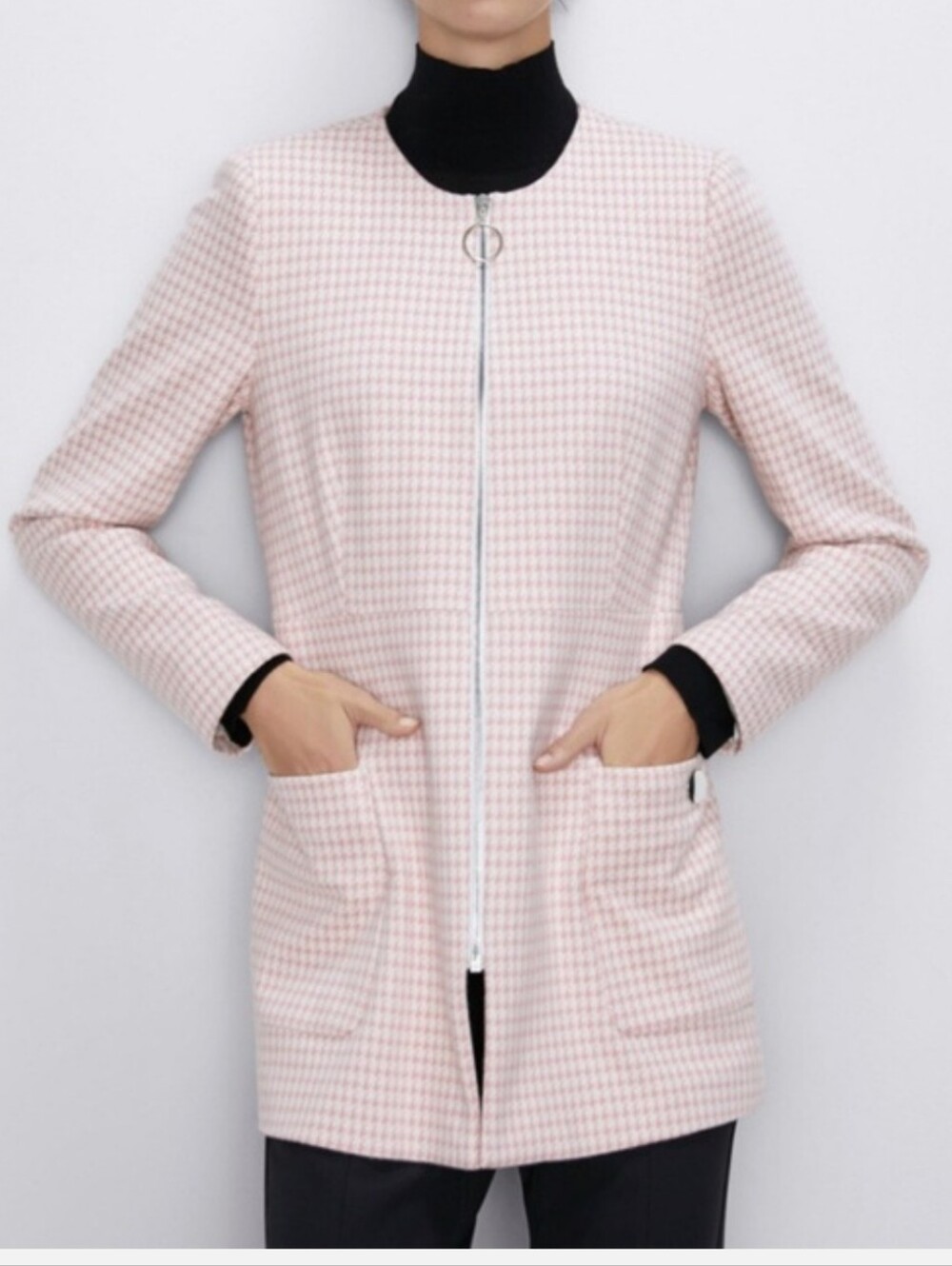 Zara Houndstooth Frock Coat In Pink And White Full Zip Front Size S